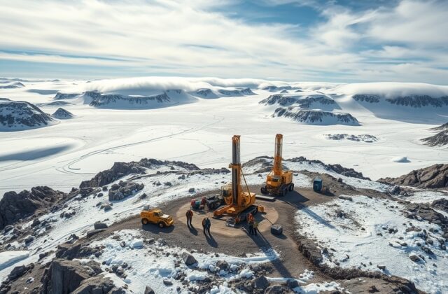 Aerial view of Greenland's icy landscape with oil rigs in the distance, showcasing the contrast between nature and industrial
