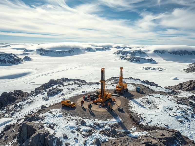 Aerial view of Greenland's icy landscape with oil rigs in the distance, showcasing the contrast between nature and industrial