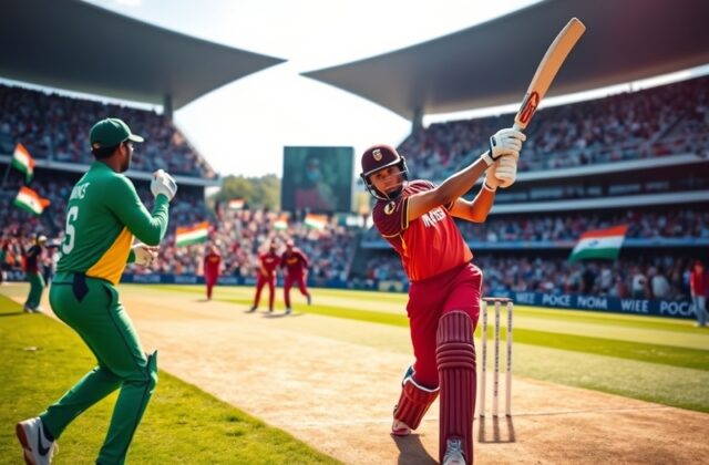 A dynamic cricket match scene showing players from both teams in action, with a vibrant crowd in the background, capturing th