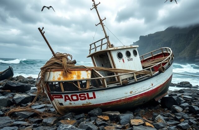 A dramatic sea view of the Outer Hebrides, showcasing turbulent waters and a fishing boat on the horizon, under a cloudy sky.