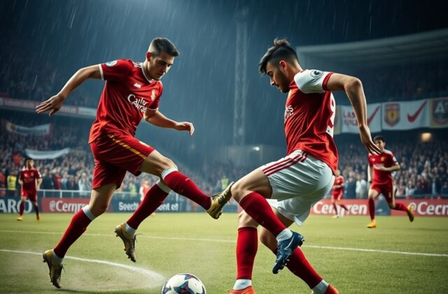 An action shot of the LASK vs Liverpool match, showcasing players in intense competition, with fans in the background creatin