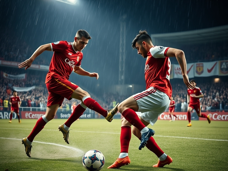 An action shot of the LASK vs Liverpool match, showcasing players in intense competition, with fans in the background creatin