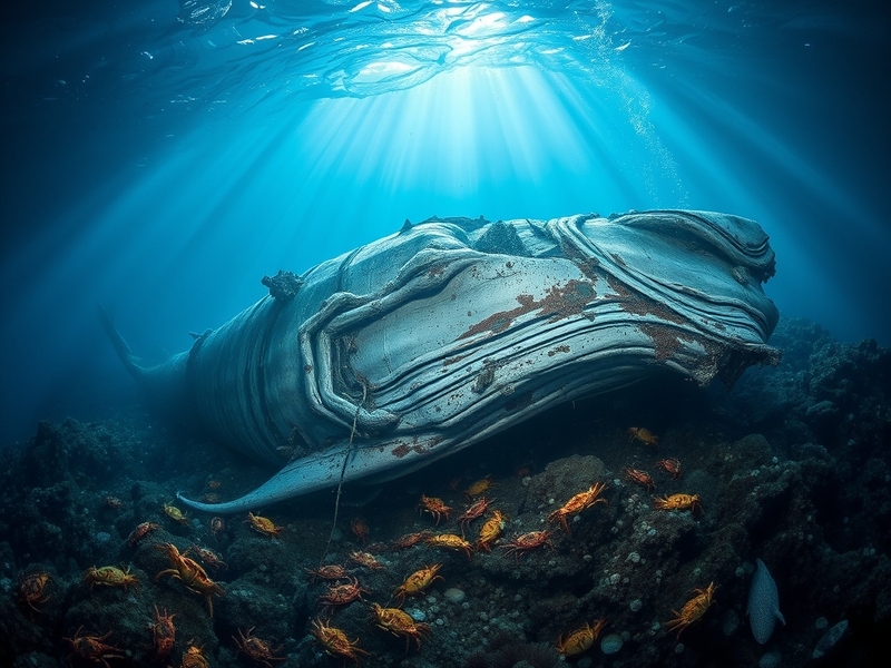 An underwater scene depicting a whale carcass surrounded by various marine life, including scavenging sharks and colorful cor