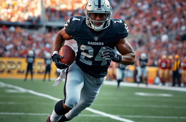 An action shot of Josh Jacobs running with the football during a game, showcasing his agility and determination on the field.