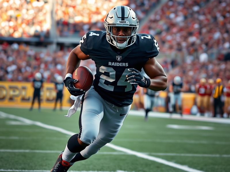 An action shot of Josh Jacobs running with the football during a game, showcasing his agility and determination on the field.
