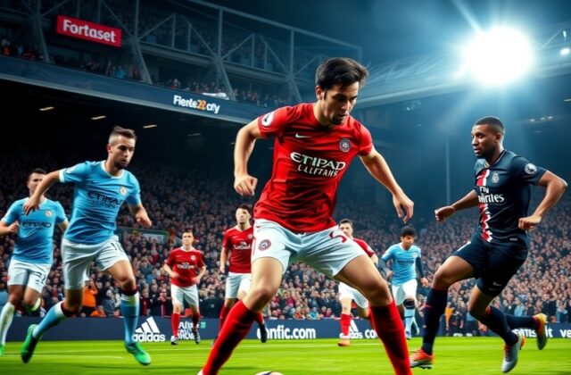 A vibrant stadium scene featuring Manchester City and PSG players in action, showcasing intensity and rivalry during a Champi