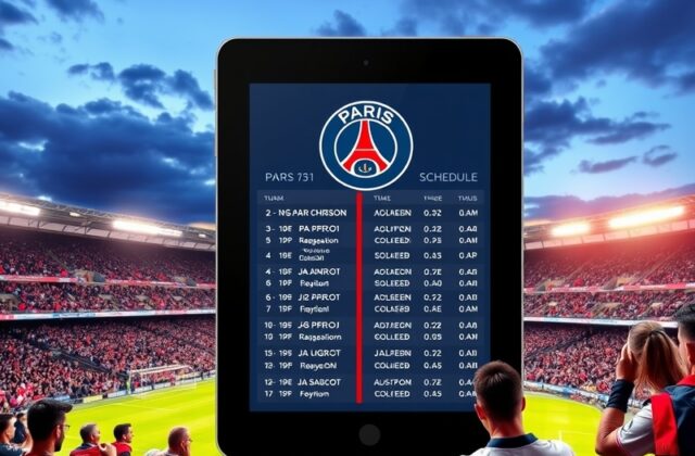An action shot of PSG players in their iconic blue and red kit, celebrating a goal in front of a packed stadium, capturing th