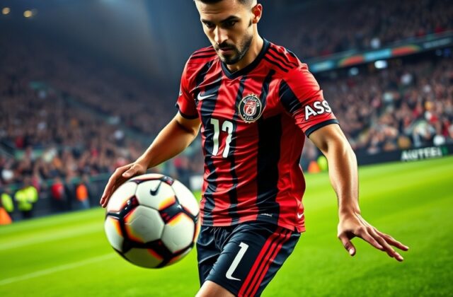 A dynamic action shot of Antonio Rüdiger during a match, showcasing his defensive skills and intensity, set against a vibrant