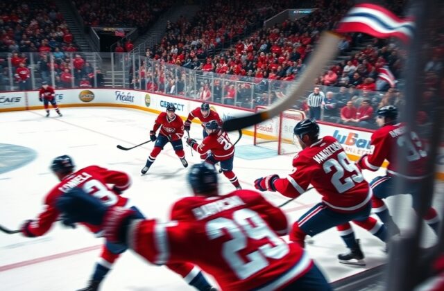 A dynamic image of a Canadiens vs Capitals game, featuring players in action, fans cheering, and the intensity of a hockey ma