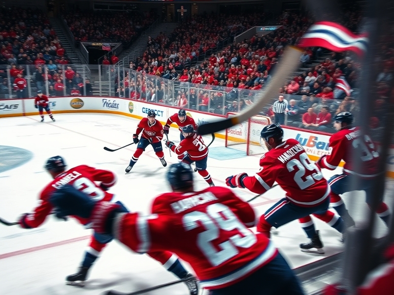 A dynamic image of a Canadiens vs Capitals game, featuring players in action, fans cheering, and the intensity of a hockey ma