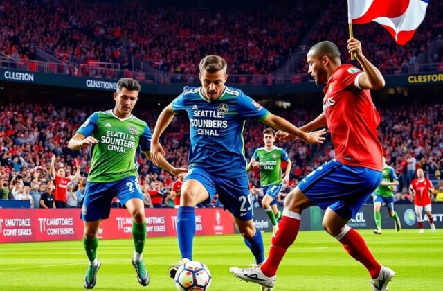 An action shot from a Seattle Sounders vs FC Dallas match, showcasing players in vibrant jerseys, a packed stadium, and an el