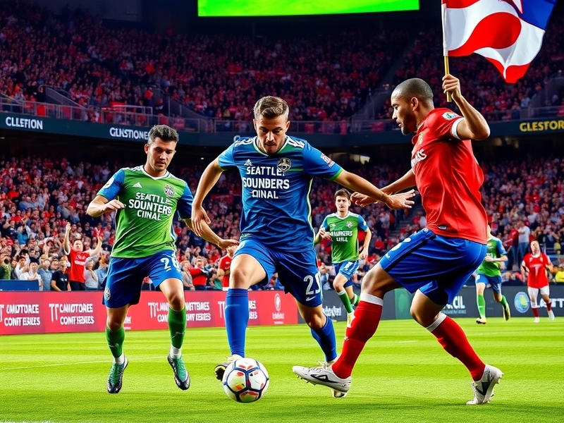 An action shot from a Seattle Sounders vs FC Dallas match, showcasing players in vibrant jerseys, a packed stadium, and an el