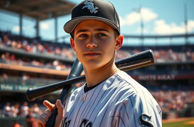 A dynamic action shot of Andrew Vaughn in a Chicago White Sox uniform, showcasing his batting stance on a sunny day at the ba