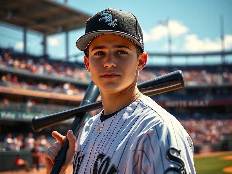 A dynamic action shot of Andrew Vaughn in a Chicago White Sox uniform, showcasing his batting stance on a sunny day at the ba