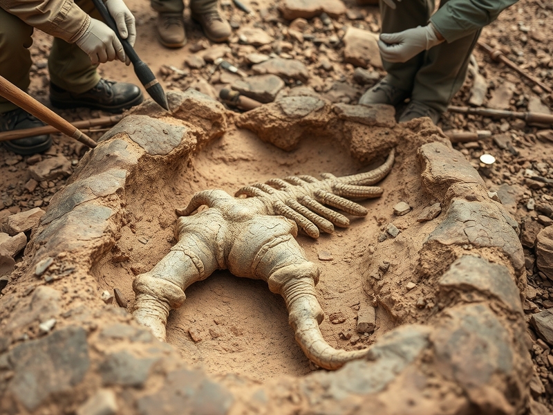 An illustration of the newly discovered dinosaur fossil, showcasing its skeletal structure and the Patagonian landscape in th