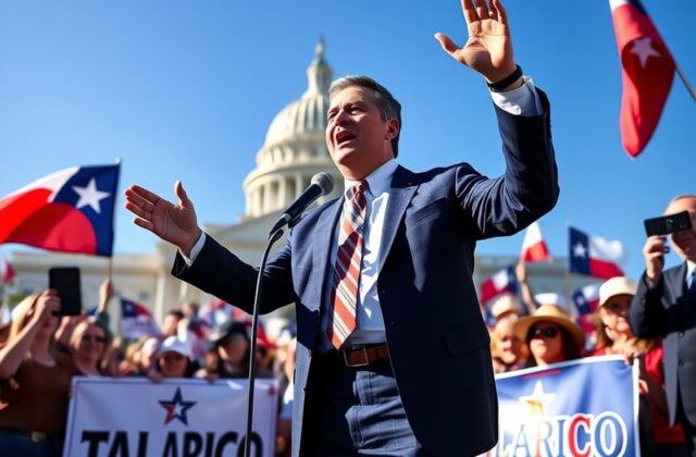 A vibrant campaign rally featuring James Talarico speaking to a diverse crowd, with banners and signs advocating for educatio