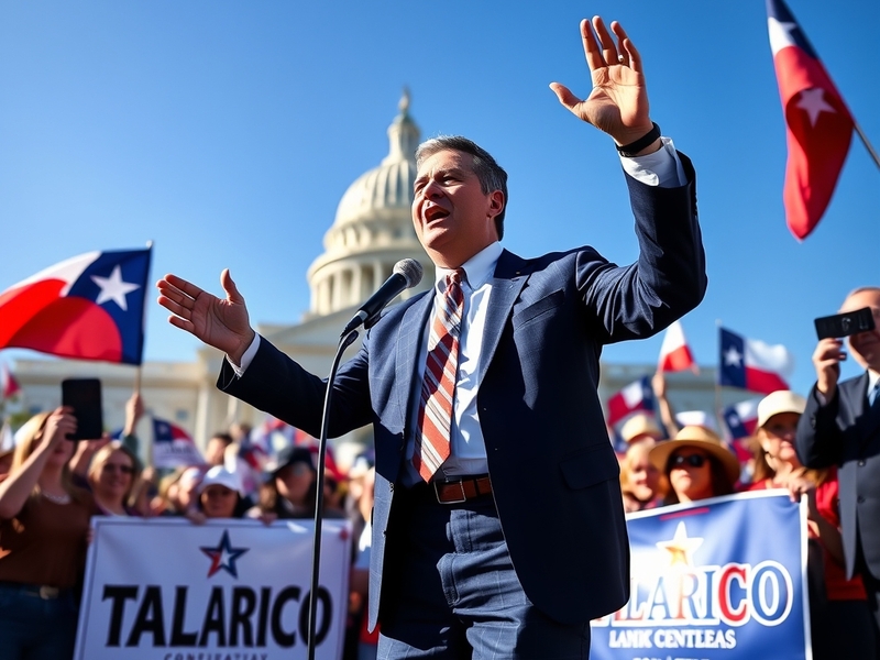 A vibrant campaign rally featuring James Talarico speaking to a diverse crowd, with banners and signs advocating for educatio