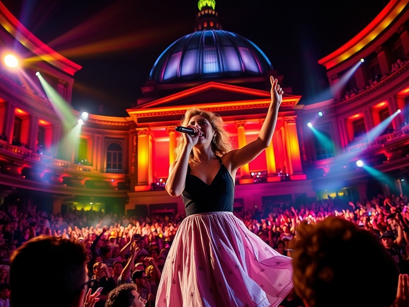 Raye performing at the Royal Albert Hall, with vibrant stage lights and an enthusiastic audience, capturing the energy and em