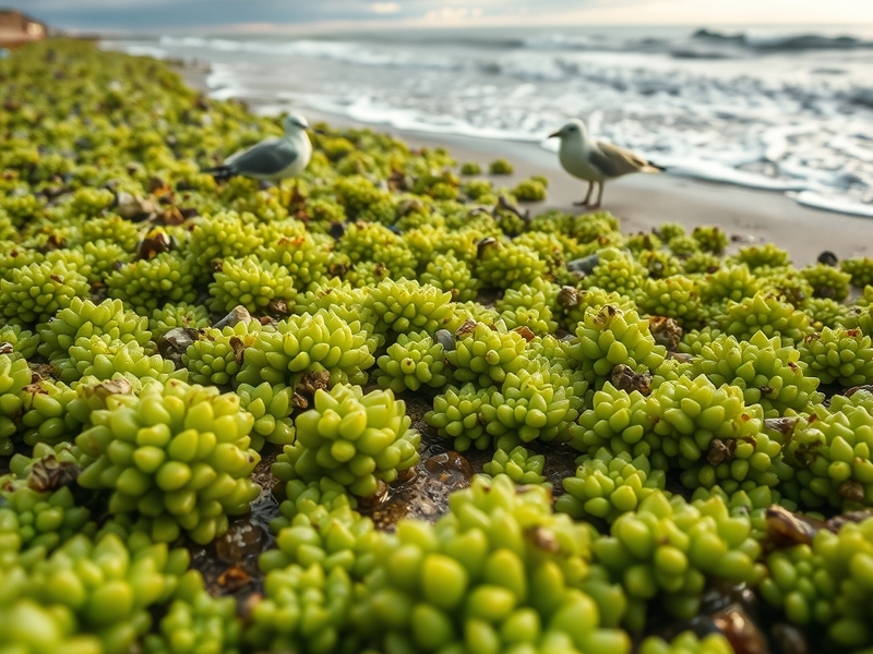A vibrant beach scene showcasing blue sea vomit washed ashore, with waves gently lapping and a clear sky in the background.