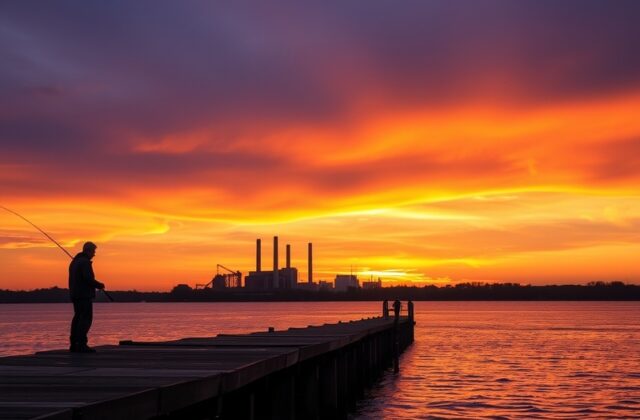 A panoramic view of Fiddlers Ferry power station with smokestacks against a sunset sky, symbolizing the transition from coal