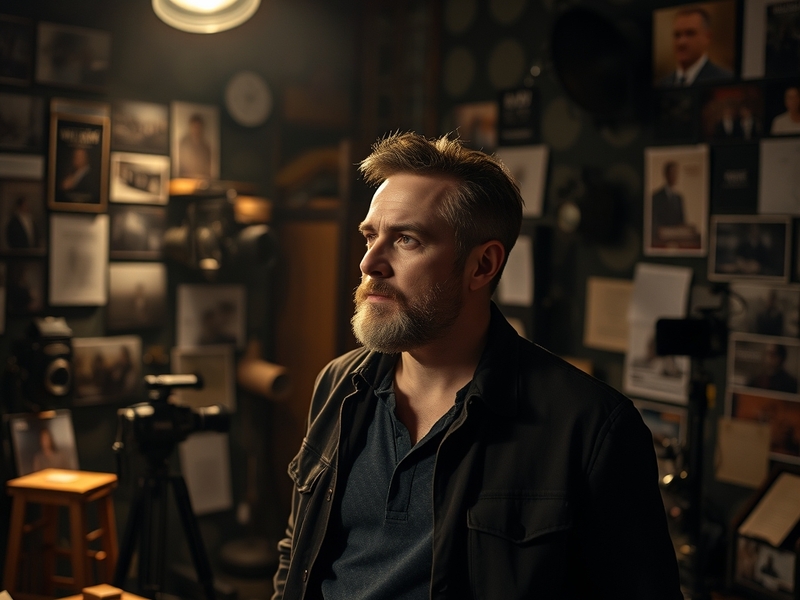 A portrait of Alex Garland in a film set, surrounded by script notes and film equipment, conveying a creative and thoughtful