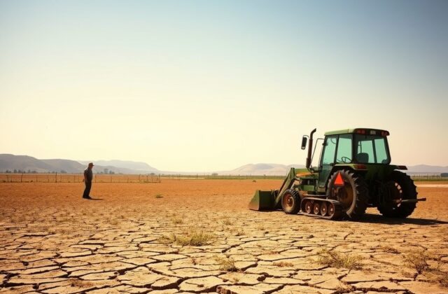 A dry and cracked landscape in the UK, highlighting the effects of drought, with a blue sky in the background and sparse vege