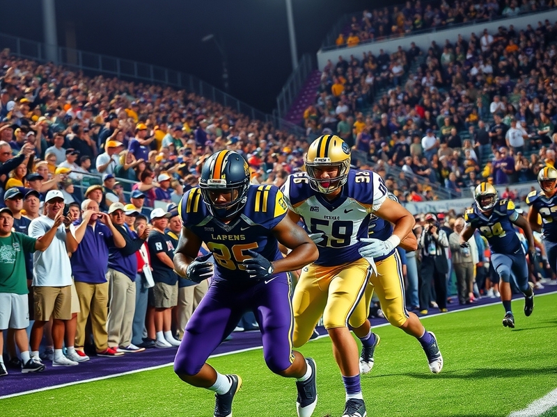 An action shot of a college football game featuring ECU and UAB players in dynamic motion, capturing the intensity and excite