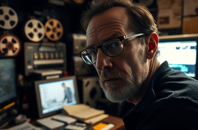A collage of Steven Soderbergh's iconic films, showcasing diverse genres and styles, with a focus on his distinctive visual a