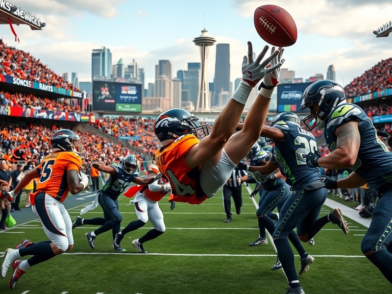 An action-packed shot of a Broncos vs. Seahawks game, featuring players in vibrant team colors, an enthusiastic crowd, and th
