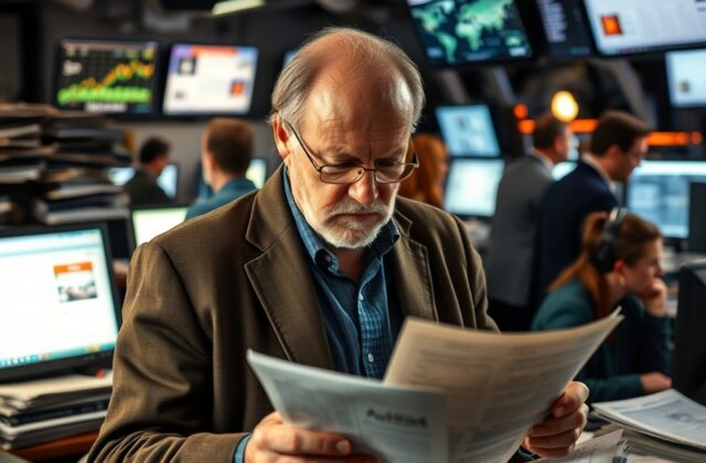 A professional portrait of Michael Bachelard in a newsroom setting, surrounded by papers and a laptop, exuding focus and dete