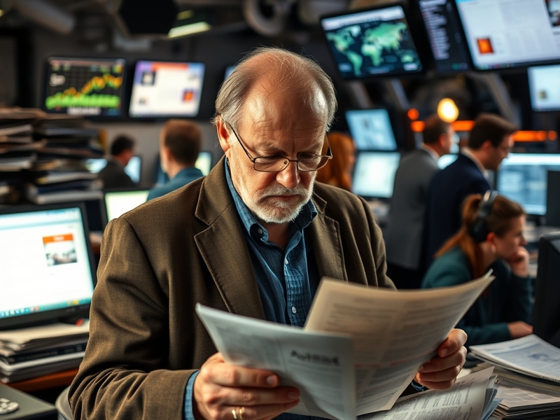 A professional portrait of Michael Bachelard in a newsroom setting, surrounded by papers and a laptop, exuding focus and dete