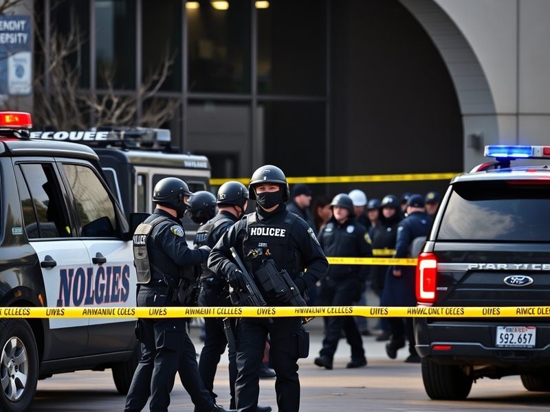A somber scene depicting Miami University campus with police presence, emphasizing the seriousness of the active shooter inci