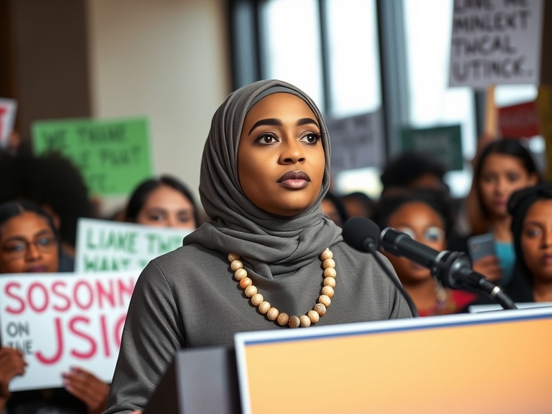 A portrait of Congresswoman Ilhan Omar, standing confidently at a podium, with a diverse crowd in the background, symbolizing