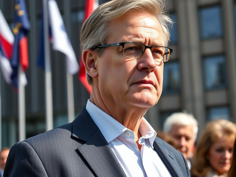 A portrait of Bernd Lange in a formal setting, discussing trade policies with colleagues, surrounded by European Union flags.