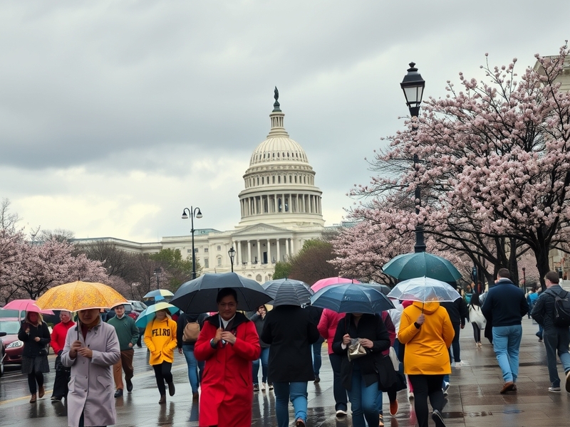 A panoramic view of Washington D.C. showcasing the iconic cherry blossoms in spring, with clear blue skies and vibrant colors