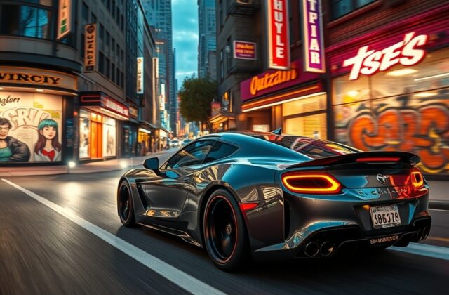 A vibrant screenshot from the GTA VI trailer showcasing a bustling city scene with dynamic weather and characters.