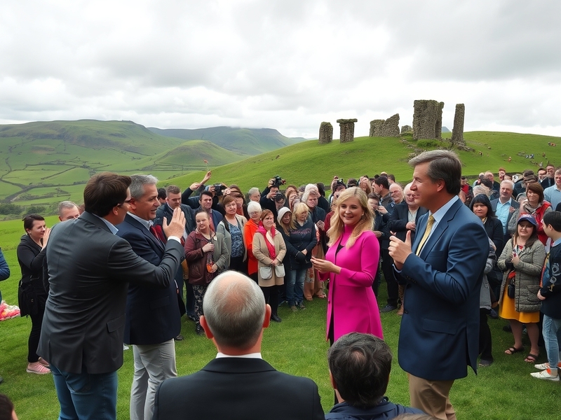 A vibrant scene showcasing the Today Show's crew filming in a picturesque Irish landscape, featuring lush green hills and his