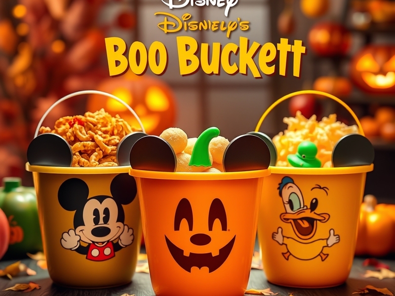 A colorful display of Disney's Boo Buckets featuring Ghost Mickey, Vampire Donald, and Witch Minnie against a festive Hallowe