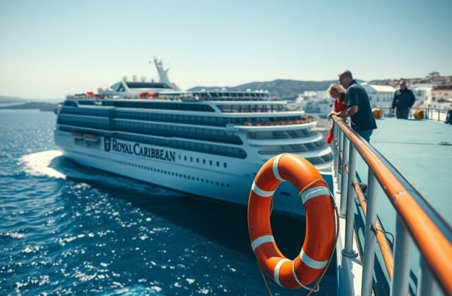 A serene view of a Royal Caribbean cruise ship in the Aegean Sea, contrasting with the serious nature of the recent overboard
