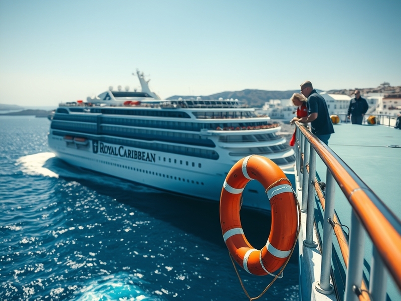 A serene view of a Royal Caribbean cruise ship in the Aegean Sea, contrasting with the serious nature of the recent overboard
