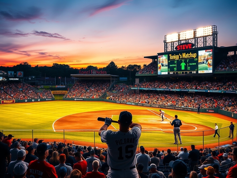 A vibrant scene at a baseball stadium during a night game, with fans cheering and players warming up on the field.
