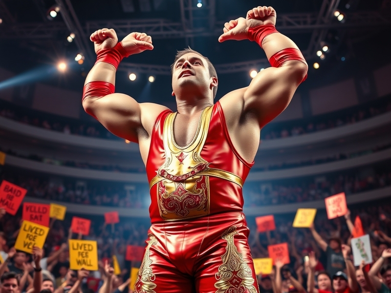 A vibrant scene from a wrestling match showcasing colorful costumes, dynamic poses, and an engaged audience in a packed arena