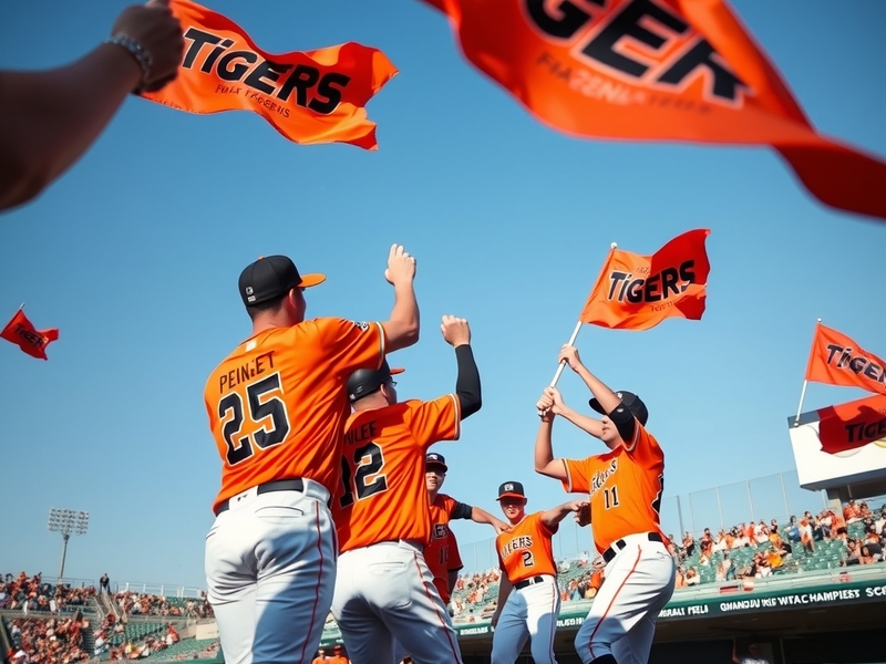 A vibrant image of Kia Tigers fans cheering in the stands, showcasing team colors and energy during a home game.