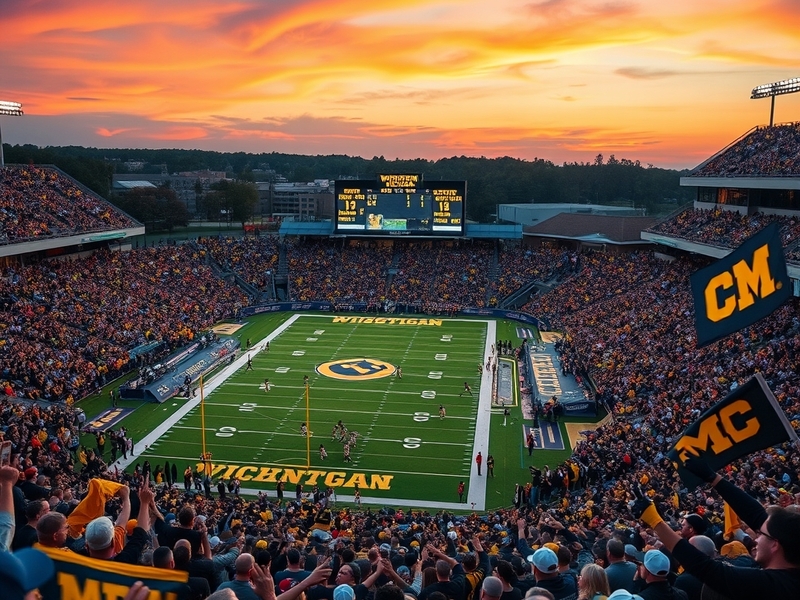A dynamic scene from a WMU vs CMU football game, capturing the excitement of fans in team colors, cheering in a packed stadiu