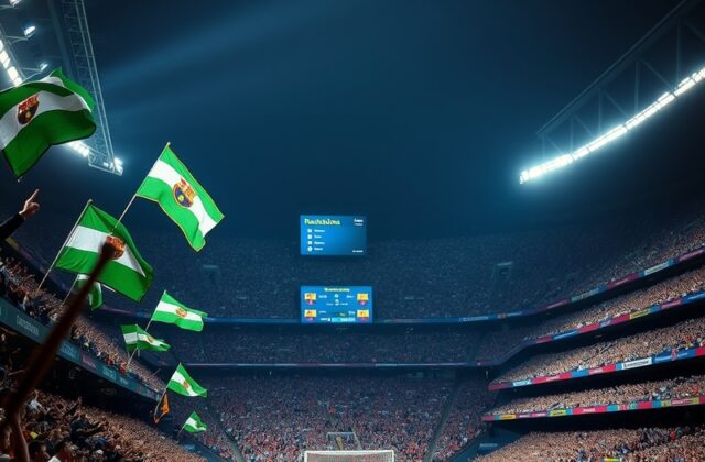 An action shot from a La Liga match featuring FC Barcelona and Real Betis, showcasing players in intense competition on the p