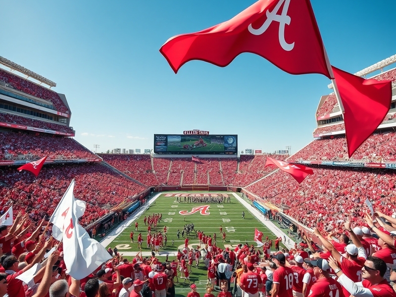 An energetic stadium filled with fans wearing crimson and white, showcasing the excitement of the Alabama Game.