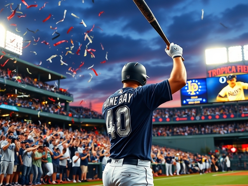 A vibrant scene of a Tampa Bay Rays game at Tropicana Field, showcasing fans in team colors, excitement in the stands, and pl