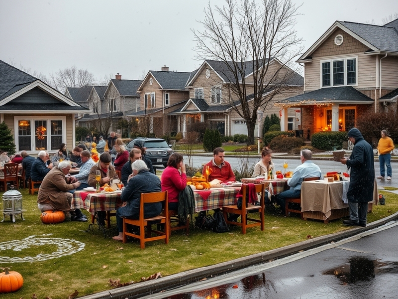 A picturesque winter scene with snow-covered trees and a family gathered around a warm fireplace, enjoying a Thanksgiving mea