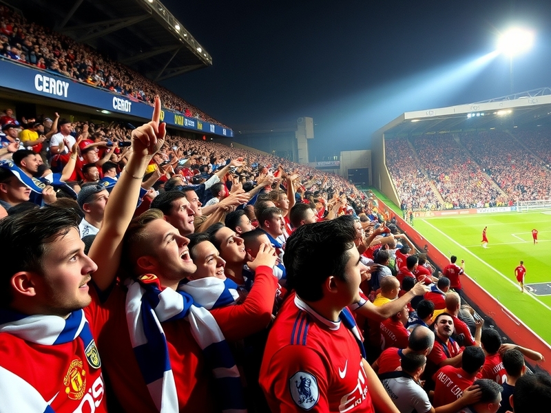 A vibrant scene from a Leeds vs. Manchester United match, showcasing passionate fans, players in action, and the electric atm