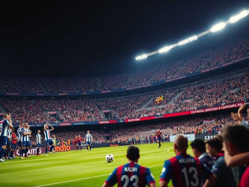 A dynamic scene from a match between Real Sociedad and FC Barcelona, showcasing players in action with vibrant stadium atmosp